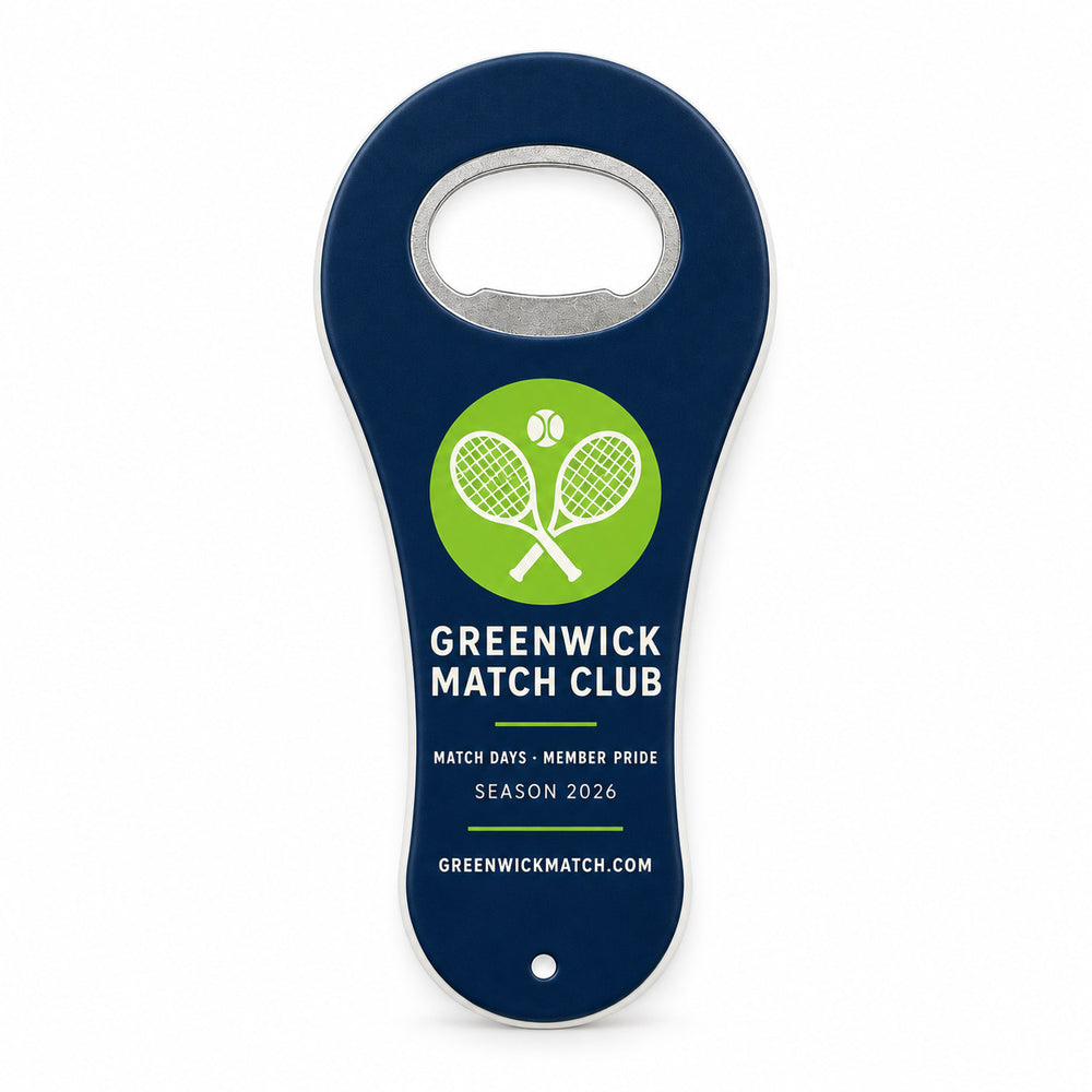Sports Club Logo custom logo bottle opener magnet - front view of the printed promotional magnet