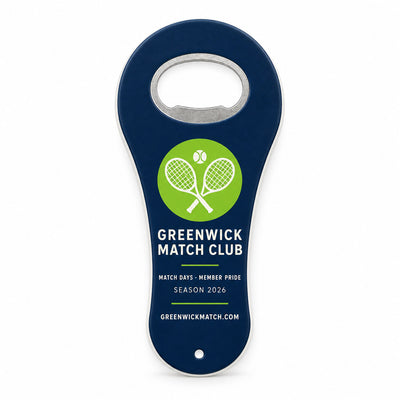 Sports Club Logo custom logo bottle opener magnet - front view of the printed promotional magnet