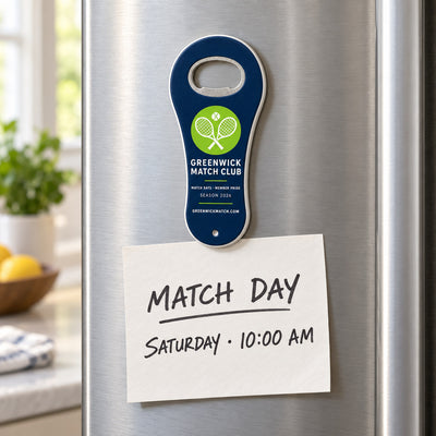 Sports Club Logo custom logo bottle opener magnet - held on a refrigerator door by its magnetic back