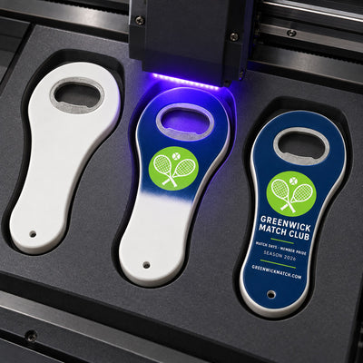 Sports Club Logo custom logo bottle opener magnet - close-up of the UV printed logo
