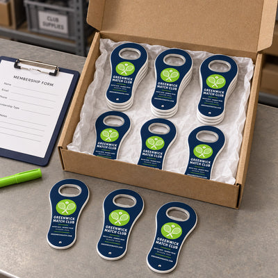 Sports Club Logo custom logo bottle opener magnet - bulk order laid out before packing