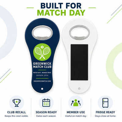 Sports Club Logo custom logo bottle opener magnet - front and back of the opener magnet