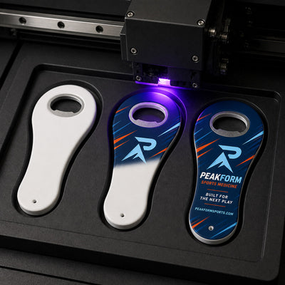 Sports Medicine Clinic custom logo bottle opener magnet - close-up of the UV printed logo