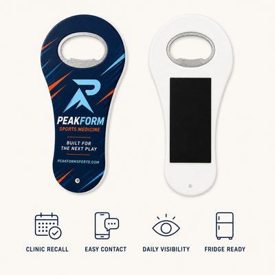 Sports Medicine Clinic custom logo bottle opener magnet - front and back of the opener magnet