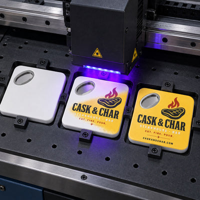 Steakhouse custom logo bottle opener magnet - close-up of the UV printed logo