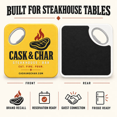 Steakhouse custom logo bottle opener magnet - front and back of the opener magnet