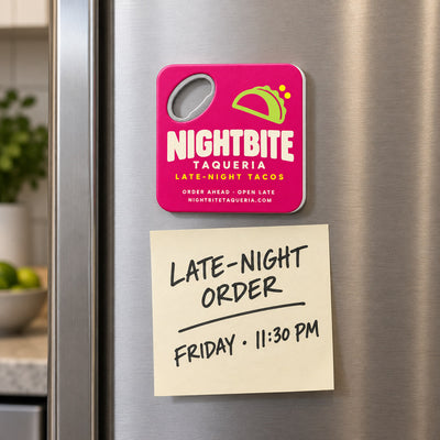 Taco Shop Promotional custom logo bottle opener magnet - held on a refrigerator door by its magnetic back