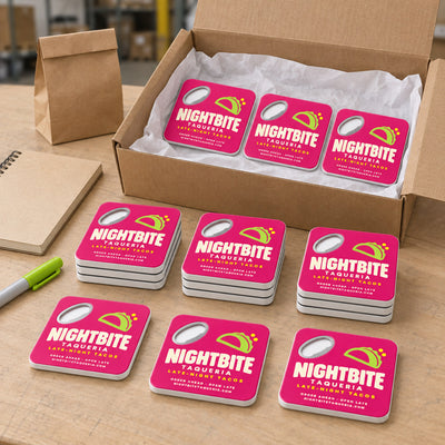 Taco Shop Promotional custom logo bottle opener magnet - bulk order laid out before packing