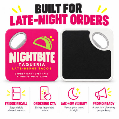 Taco Shop Promotional custom logo bottle opener magnet - front and back of the opener magnet