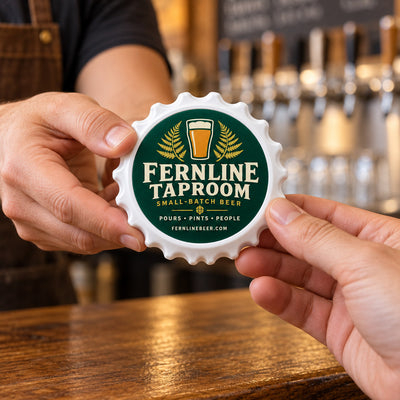 Taproom Logo custom logo bottle opener magnet - handed to a customer