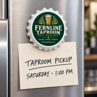 Taproom Logo custom logo bottle opener magnet - held on a refrigerator door by its magnetic back