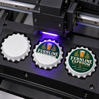 Taproom Logo custom logo bottle opener magnet - close-up of the UV printed logo