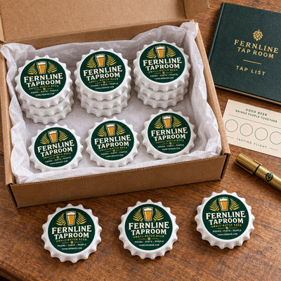 Taproom Logo custom logo bottle opener magnet - bulk order laid out before packing