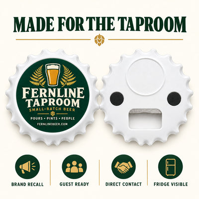 Taproom Logo custom logo bottle opener magnet - front and back of the opener magnet