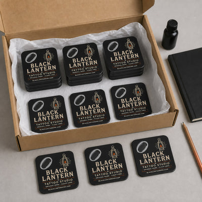 Tattoo Studio custom logo bottle opener magnet - bulk order laid out before packing
