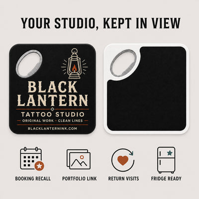 Tattoo Studio custom logo bottle opener magnet - front and back of the opener magnet