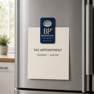 Tax Preparation Service custom logo bottle opener magnet - held on a refrigerator door by its magnetic back