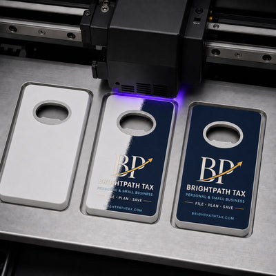 Tax Preparation Service custom logo bottle opener magnet - close-up of the UV printed logo