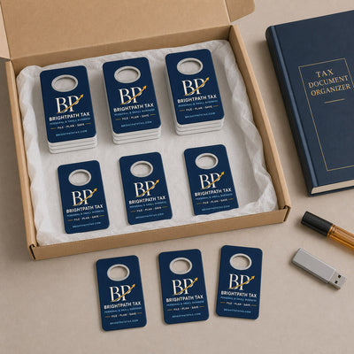 Tax Preparation Service custom logo bottle opener magnet - bulk order laid out before packing