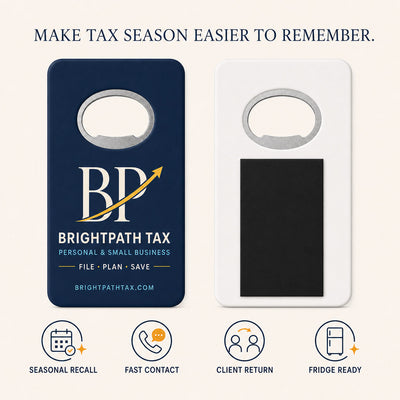 Tax Preparation Service custom logo bottle opener magnet - front and back of the opener magnet