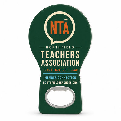 Teachers Association custom logo bottle opener magnet - front view of the printed promotional magnet