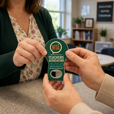 Teachers Association custom logo bottle opener magnet - handed to a customer