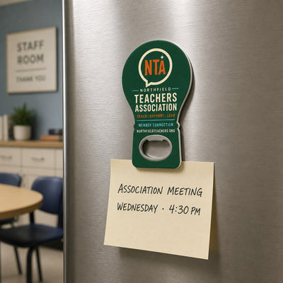 Teachers Association custom logo bottle opener magnet - kept on a refrigerator door as a reminder