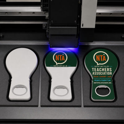 Teachers Association custom logo bottle opener magnet - close-up of the UV printed logo