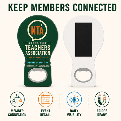 Teachers Association custom logo bottle opener magnet - front and back of the opener magnet
