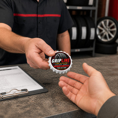 Tire Shop custom logo bottle opener magnet - handed to a customer after a service call