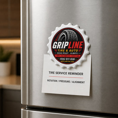 Tire Shop custom logo bottle opener magnet - held on a refrigerator door by its magnetic back