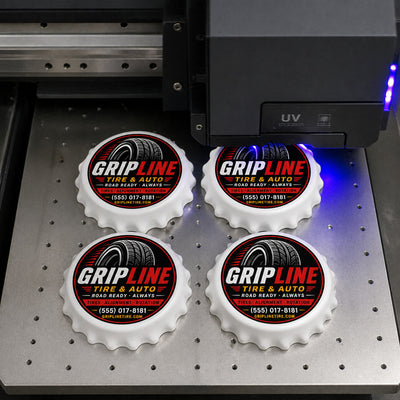 Tire Shop custom logo bottle opener magnet - close-up of the UV printed logo