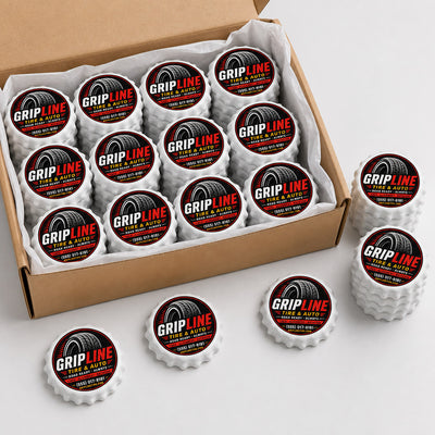Tire Shop custom logo bottle opener magnet - bulk order laid out before packing