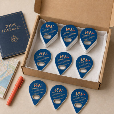 Tour Operator custom logo bottle opener magnet - bulk order laid out before packing