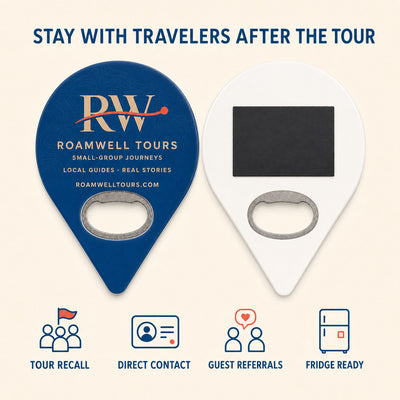 Tour Operator custom logo bottle opener magnet - front and back of the opener magnet