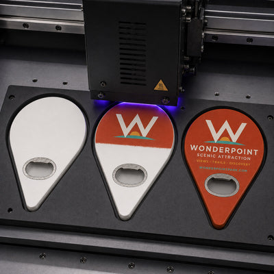 Tourist Attraction custom logo bottle opener magnet - close-up of the UV printed logo