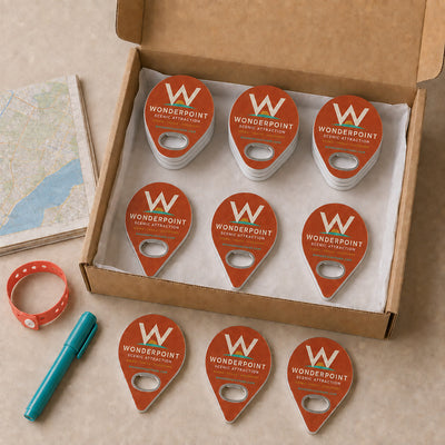 Tourist Attraction custom logo bottle opener magnet - bulk order laid out before packing