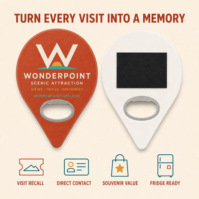 Tourist Attraction custom logo bottle opener magnet - front and back of the opener magnet