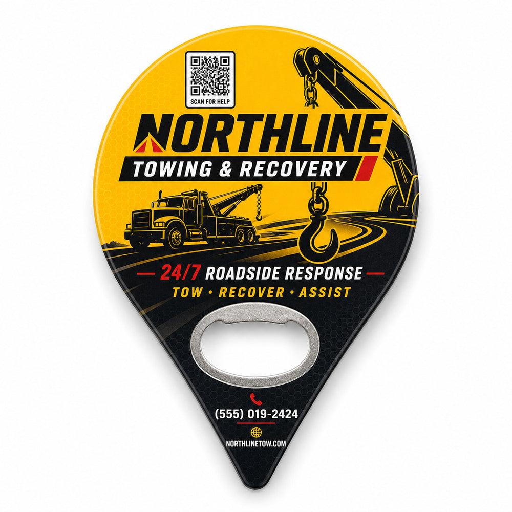 Towing Company custom logo bottle opener magnet - front view of the printed promotional magnet