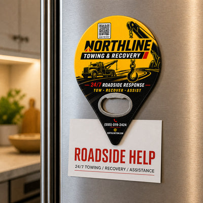 Towing Company custom logo bottle opener magnet - held on a refrigerator door by its magnetic back