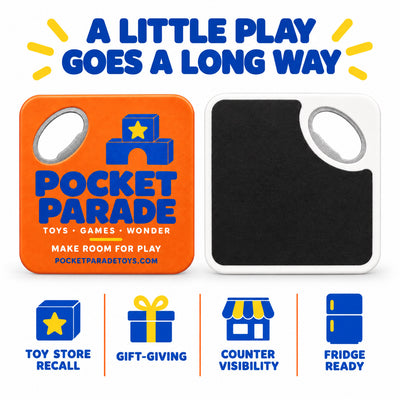 Toy Store custom logo bottle opener magnet - front and back of the opener magnet