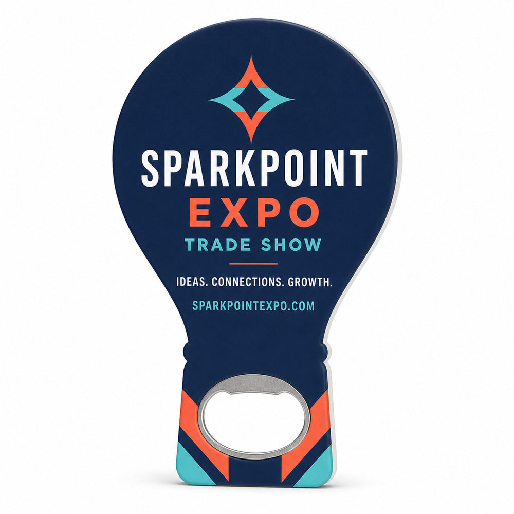 Trade Show Giveaway custom logo bottle opener magnet - front view of the printed promotional magnet
