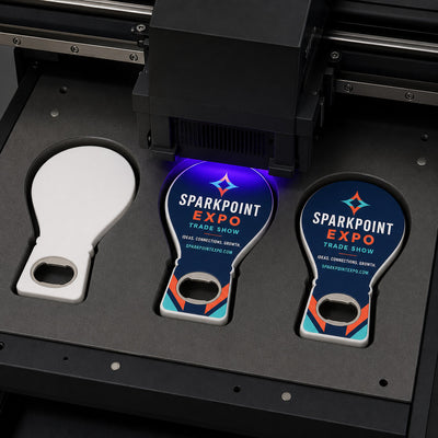 Trade Show Giveaway custom logo bottle opener magnet - close-up of the UV printed logo