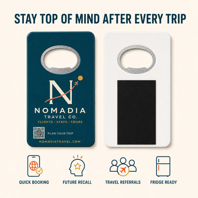 Travel Agency custom logo bottle opener magnet - front and back of the opener magnet