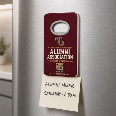 University Alumni custom logo bottle opener magnet - kept on a refrigerator door as a reminder