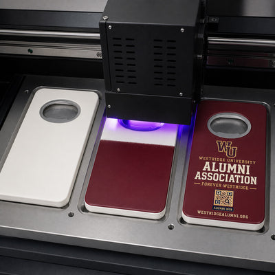 University Alumni custom logo bottle opener magnet - close-up of the UV printed logo