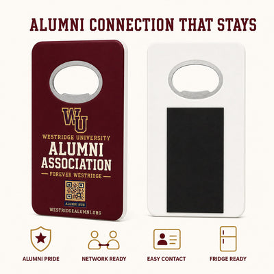 University Alumni custom logo bottle opener magnet - front and back of the opener magnet