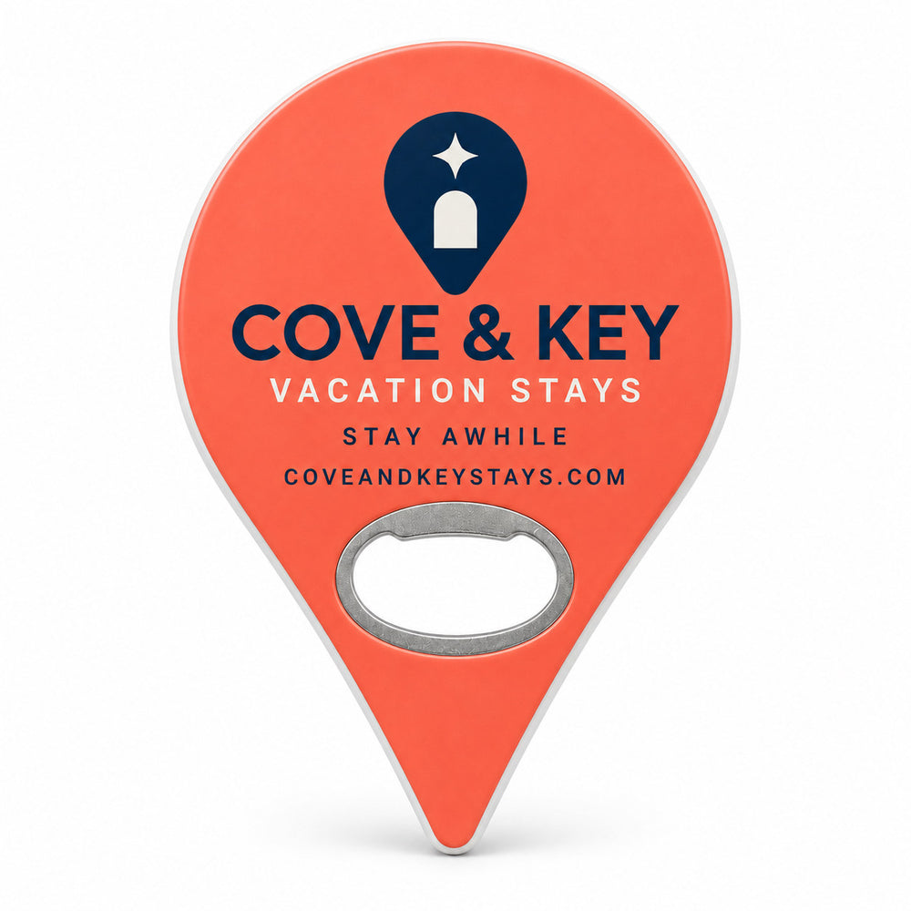 Vacation Rental Welcome custom logo bottle opener magnet - front view of the printed promotional magnet