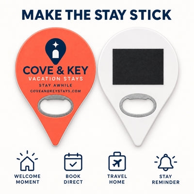 Vacation Rental Welcome custom logo bottle opener magnet - front and back of the opener magnet