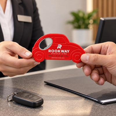 Vehicle Rental custom logo bottle opener magnet - handed to a customer